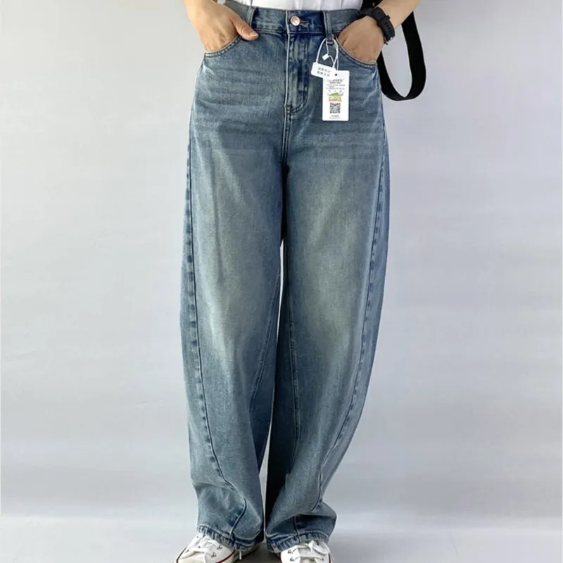 2025 primavera otoño novio Jeans nuevo 100kg diseño Premium curvado de talla grande mujeres Denim Harem pantalones largos 107