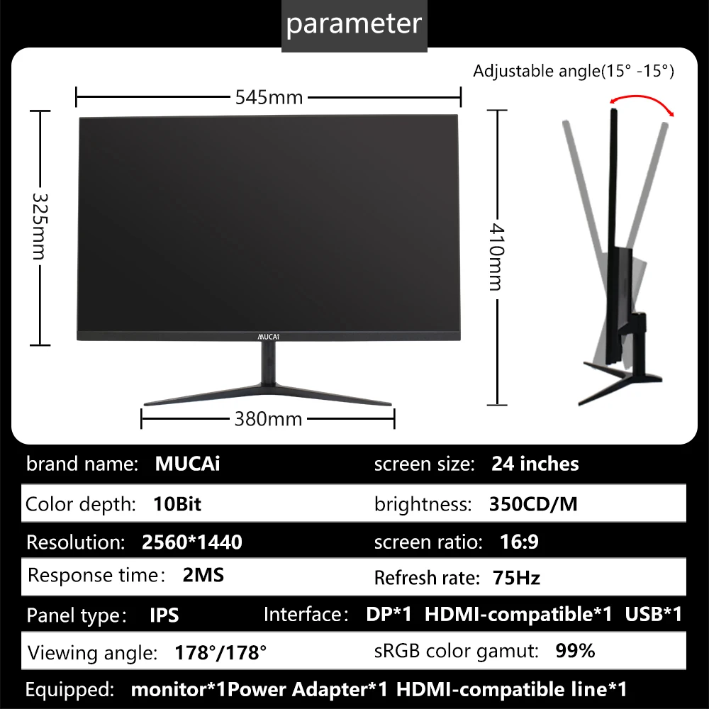 MUCAI Monitor 24/27 Inci 2K 75Hz Desktop PC Layar Lcd Gaming Layar Panel Datar Komputer LED 2560*1440 HDMI/DP