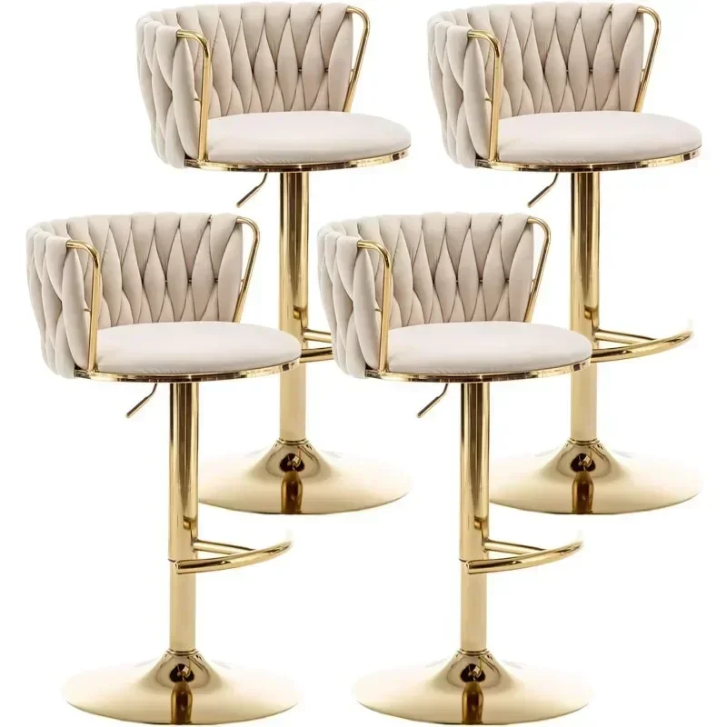 Woven Bar Stools Set of 4, Counter Height Bar Stools with Low Back, Gold Swivel Bar Stools for Kitchen Island, Bar Pub (Beige)