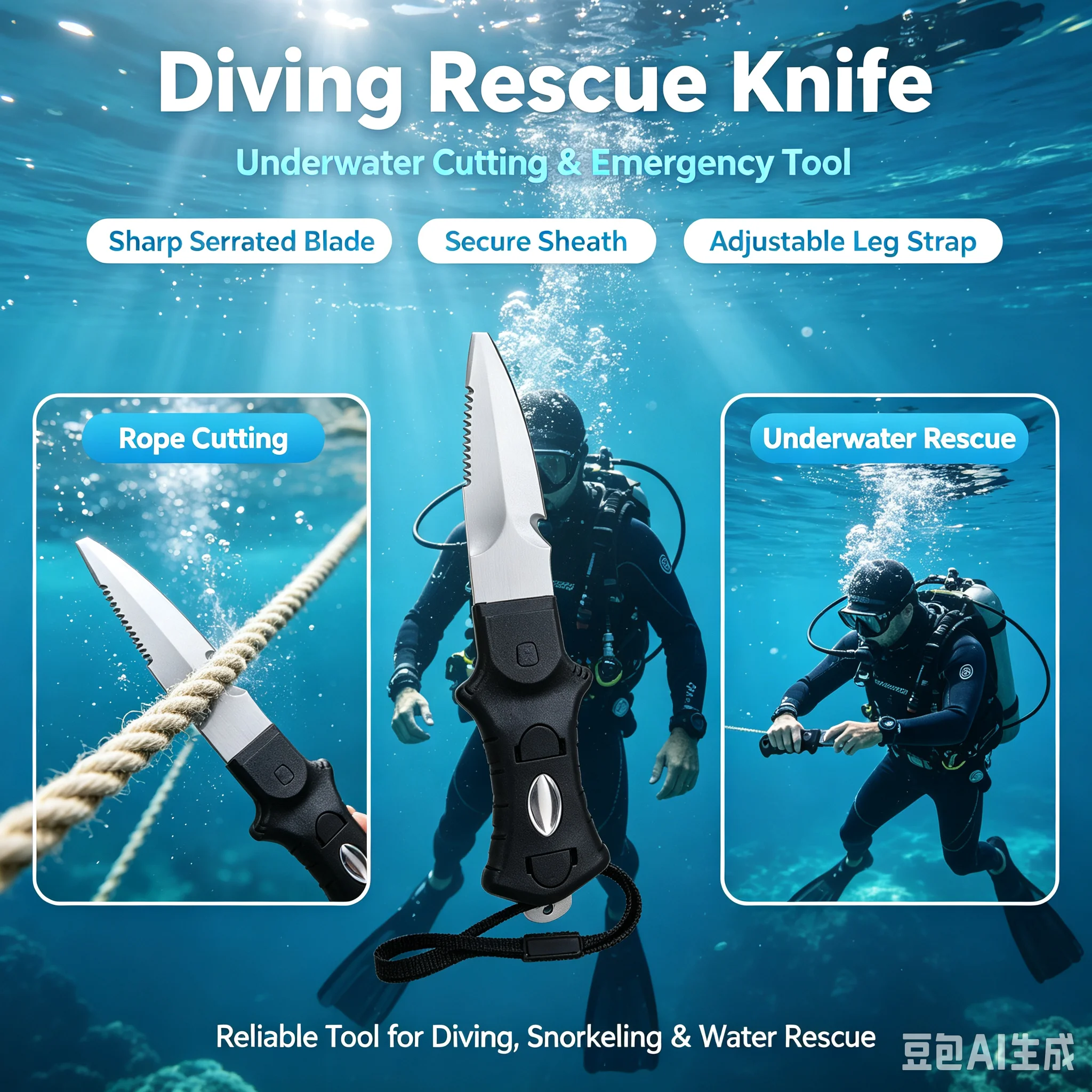 Titanium Plated /Mirror Surface Diving Knife, Leg Mount Underwater Rope Cutter for Water Rescue, Survival & Outdoor Exploration