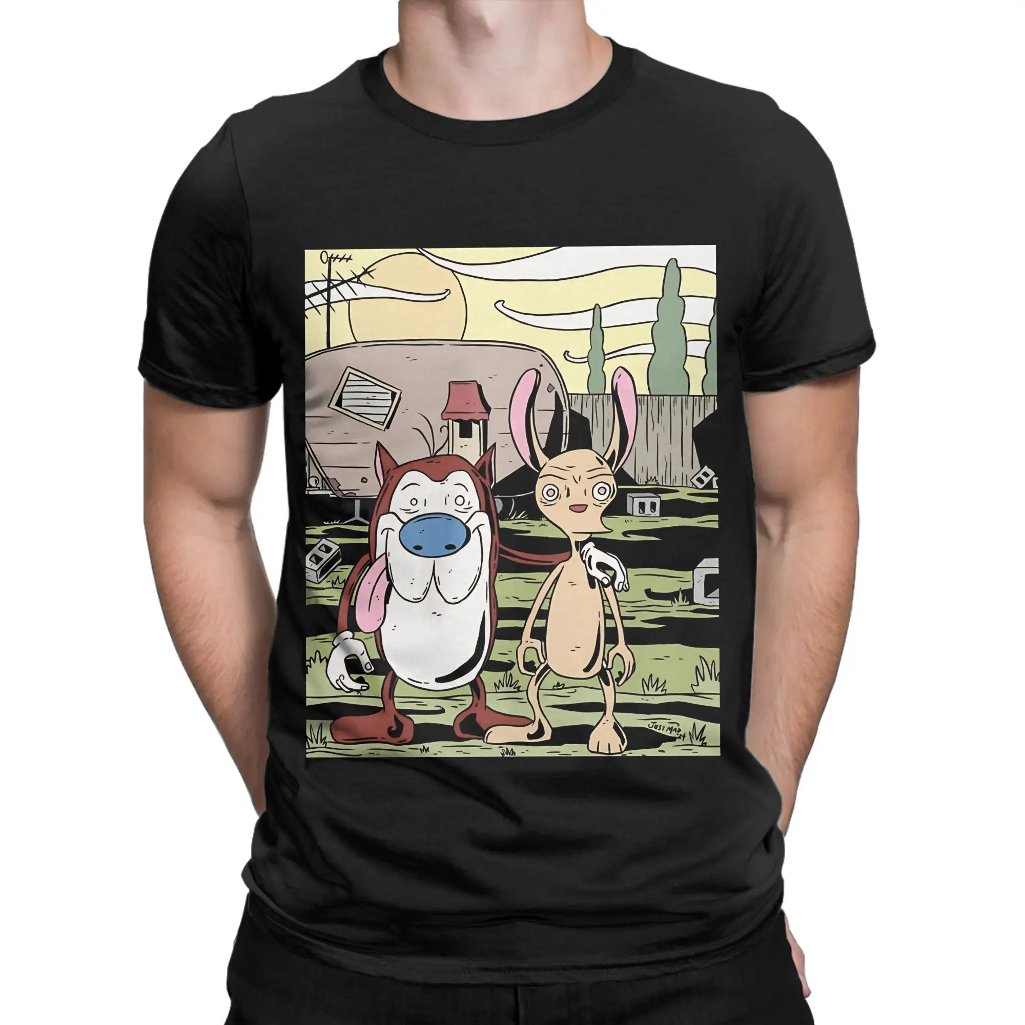 Absurd Vintage Animation Style Novelty 100% Cotton T-Shirt R-Ren & Stimpy Tees Tops For Men