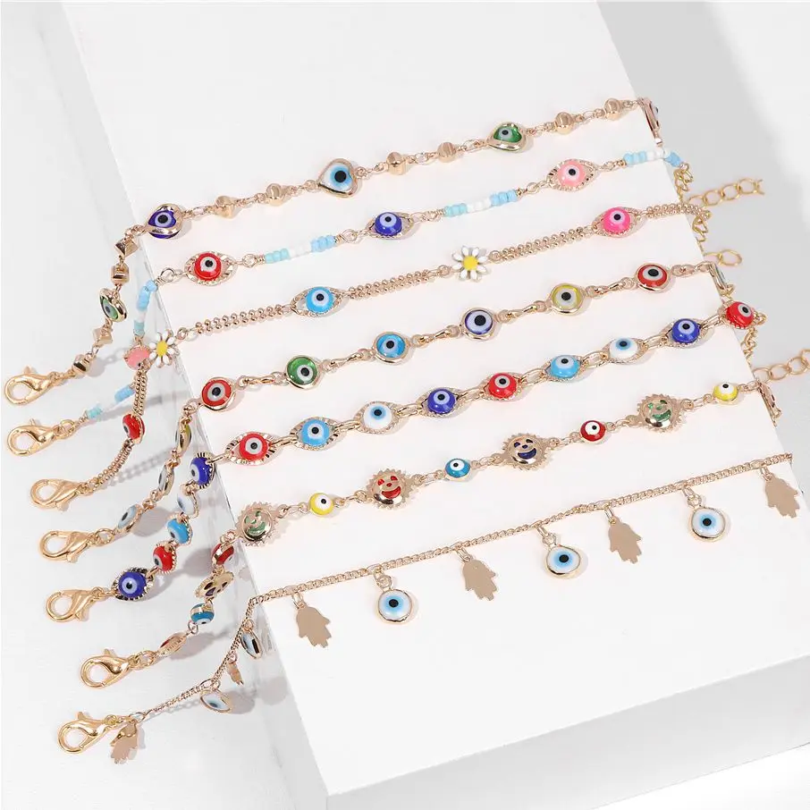 Fatima Hand Charm Armband Frauen Gold Farbe Kette Glück Türkei Bösen blick Perlen Armband Link Einstellbare Armreifen Weiblichen Schmuck