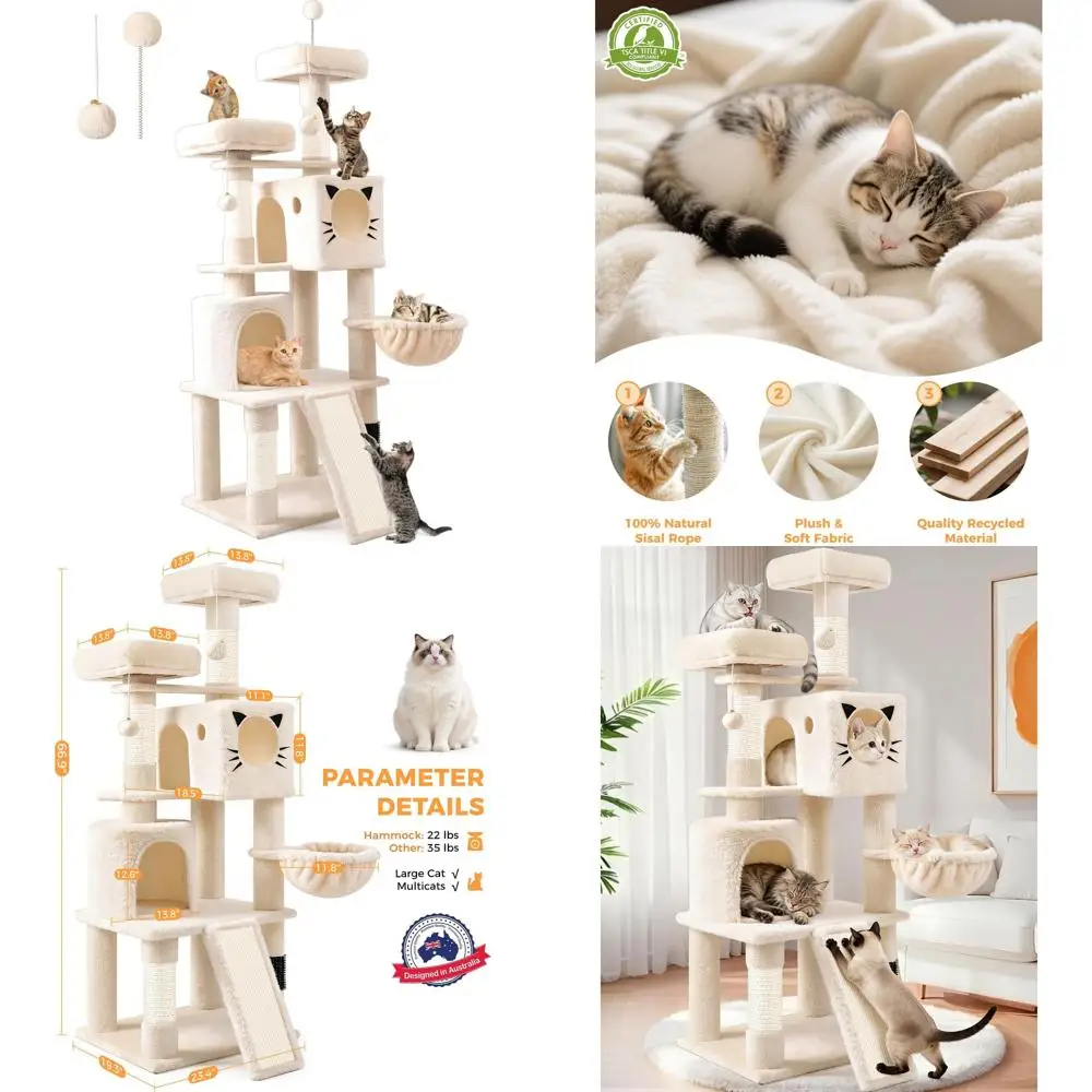 

Large 66 Multi-Level Indoor Cat Tower with Sisal Posts, Hammock, Condos, and Ramp for Heavy-Duty Climbing
