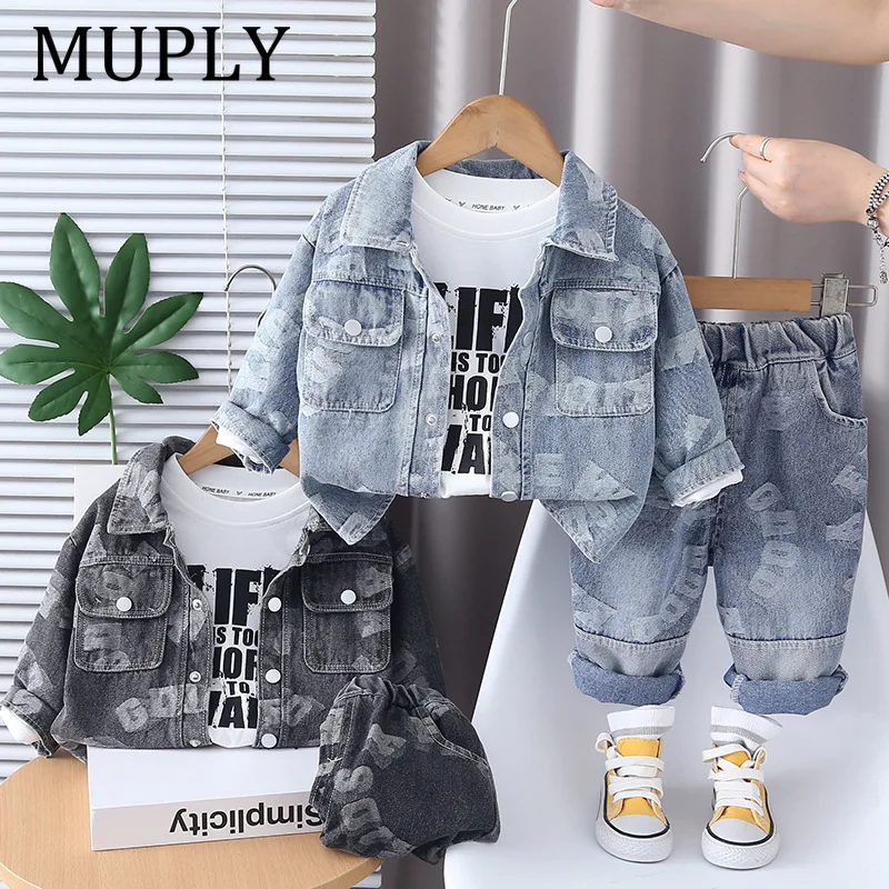 Boys Spring Autumn Denim Set Casual Long Sleeve Collar Jacket Three Piece Set Fashionable Baby Casual Children's Clothing
