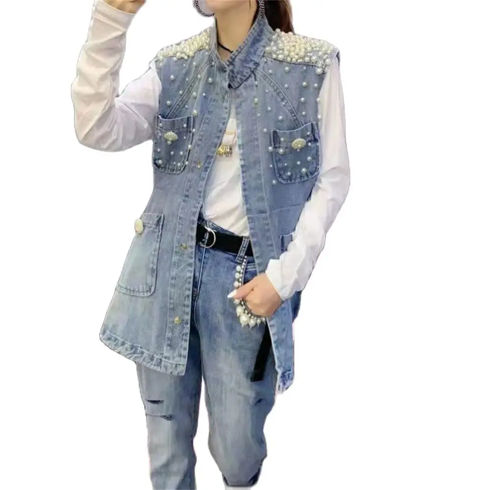 Pearls Women Denim Vest Harajuku Loose Pocket Sleeveless Jeans Jacket Woman Summer Coat Fashion Cowboy Waistcoat Gilet 5XL