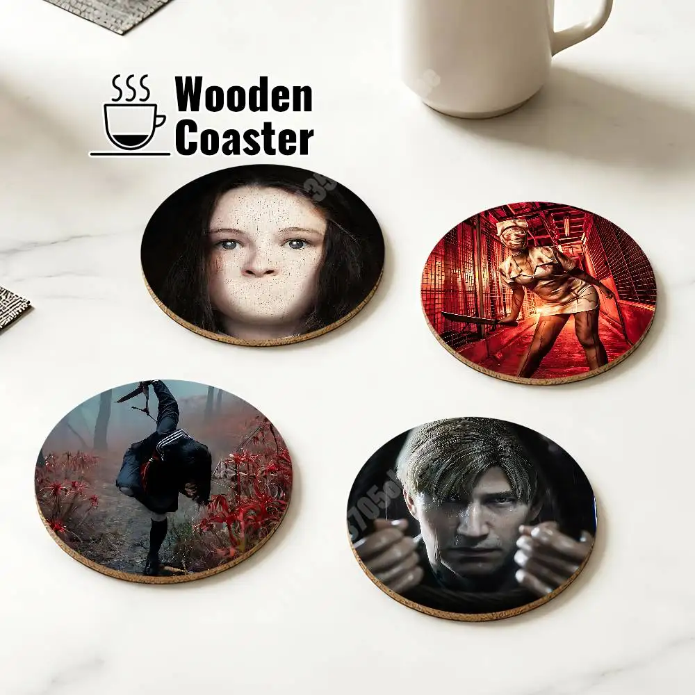 Sous-verre en bois Silent Hill (Jeu d'horreur de survie) pour expresso, whisky, soda, eau et desserts