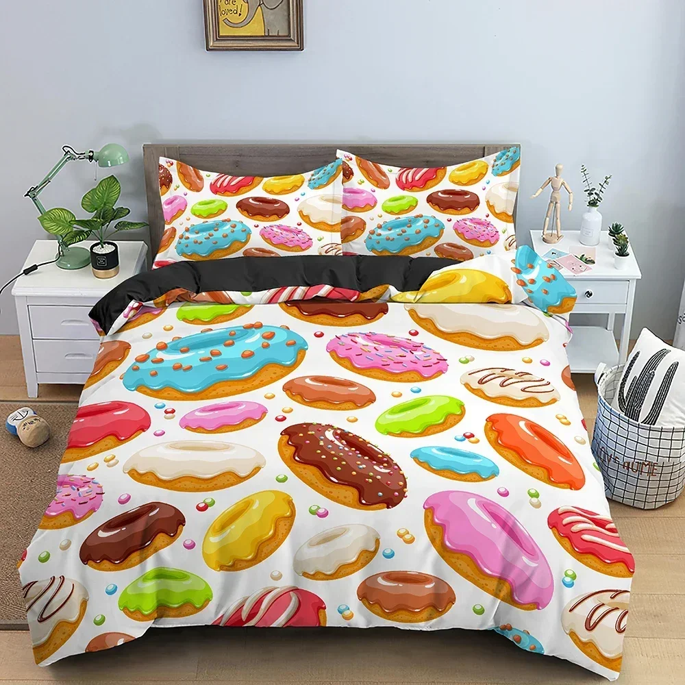 

Colorful Donut Cartoon Sweet Chocolate Dessert Comfortable Duvet Quilt Cover Pillowcase Bedding Set Children Bedroom Decoration