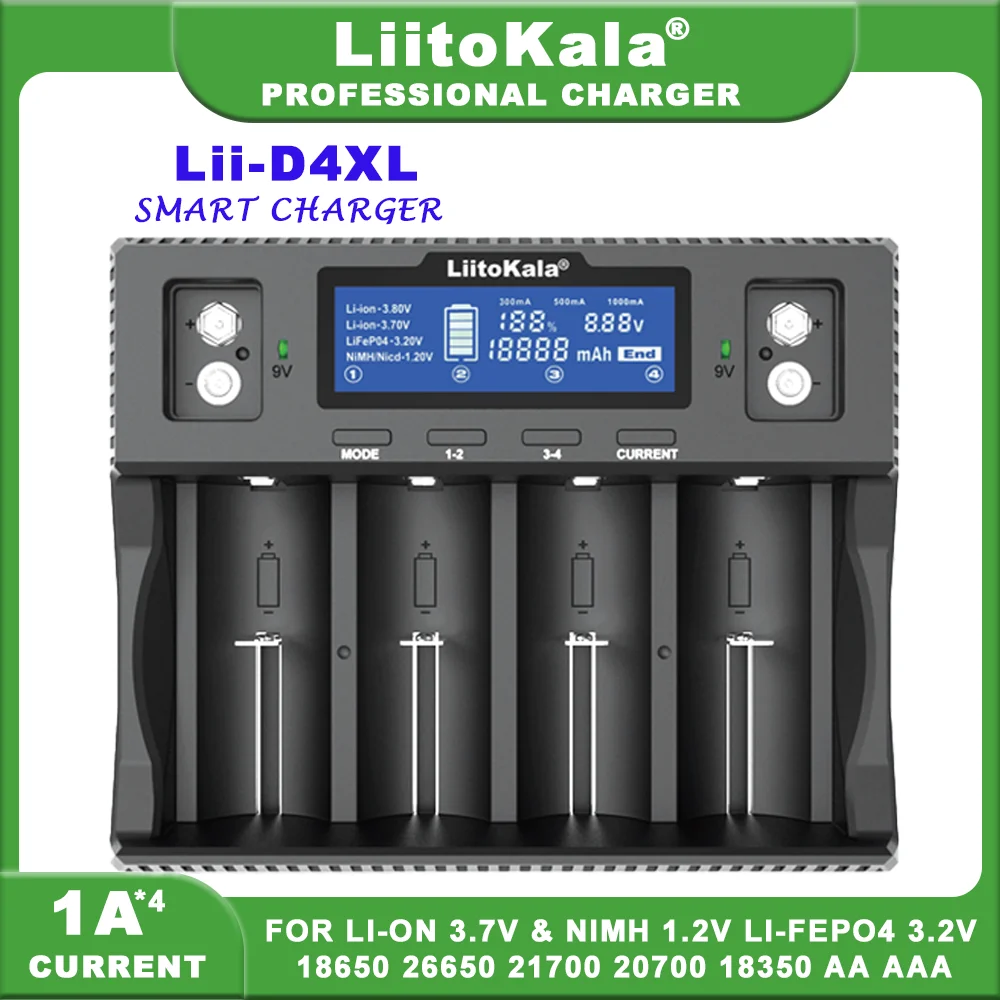 LiitoKala Lii-D4XL Lii-CH2 21700 18650 3.7V Li-ion 3.2V LiFePO4 1.2V NiMH/Cd 26650 26700 32700 9V LCD Display Battery Charger