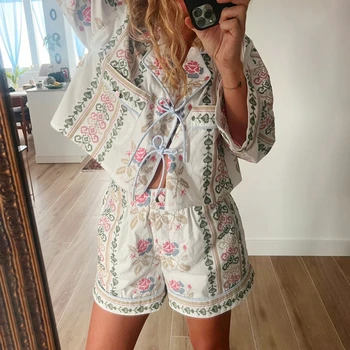 2-delige vintage outfits indie grafische print voorkant vastgebonden strik blouse met volledige mouw T-shirt + shorts Fairy Cottage Y2K streetwear