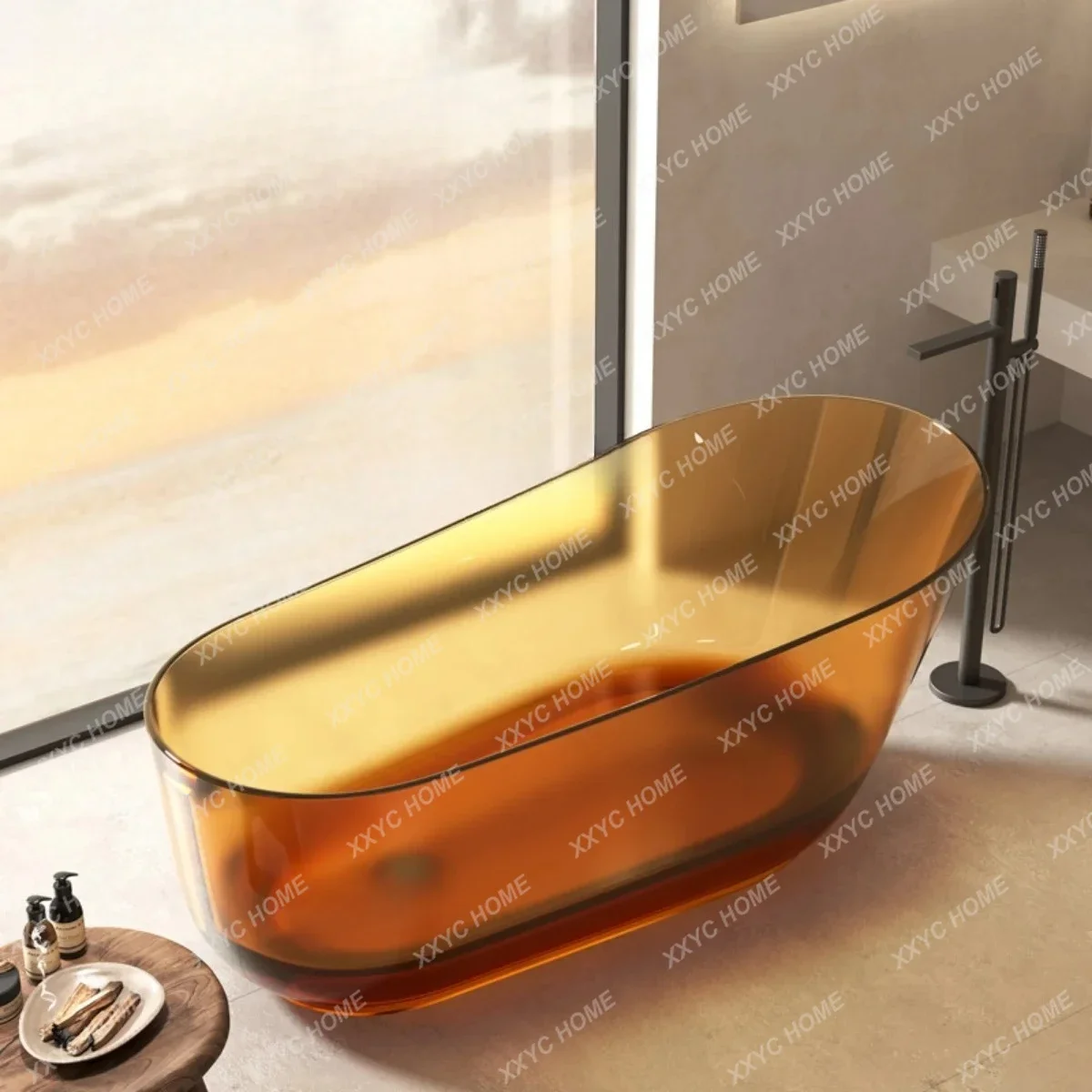 

A Free-standing transparent household bathtub Color integrated resin hotel Double bathtub