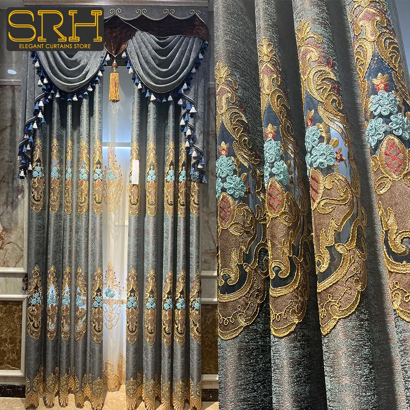 

Custom European Gray Chenille Valance Embroidery Luxury Curtains for Living Room Bedroom Dining Blackout Window Tulle Valance