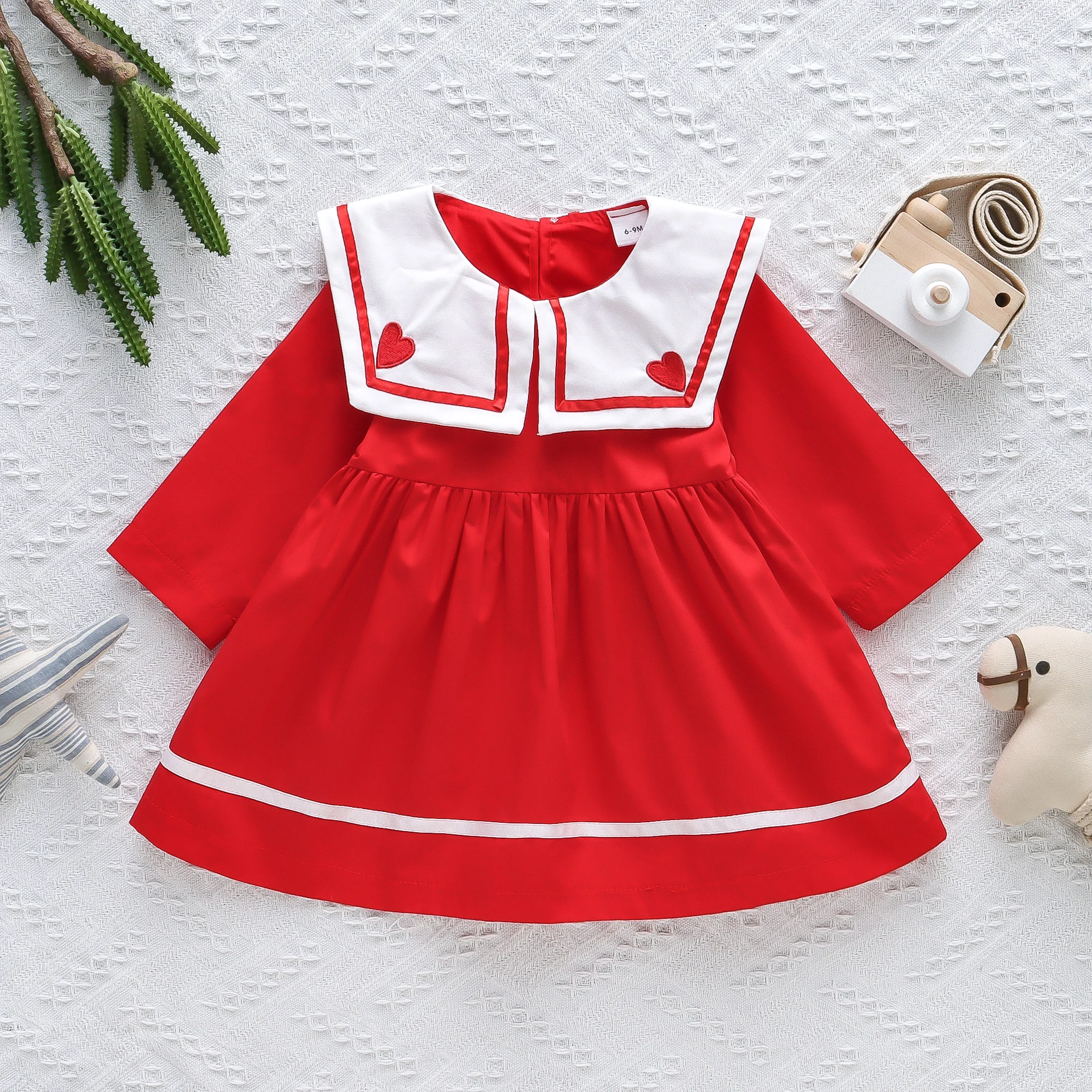 Girl's dress summer doll dress love navy lapel long sleeved red festive college style Korean version dress