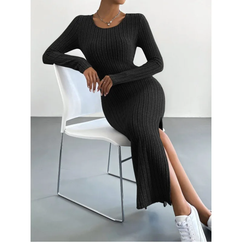 

Autumn Winter New Long Sleeve Round Neck Split Knitted Long Dress for Women