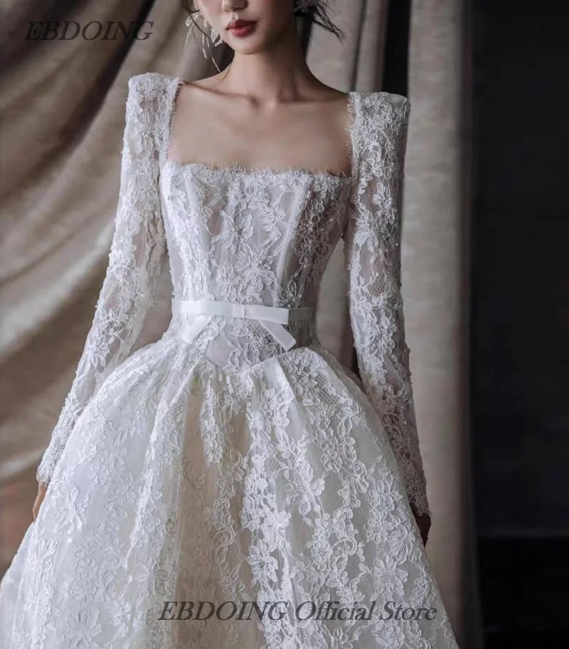 EBDOING robe de mariée a-ligne dentelle encolure carrée manches longues Basque robes de mariée personnalisées