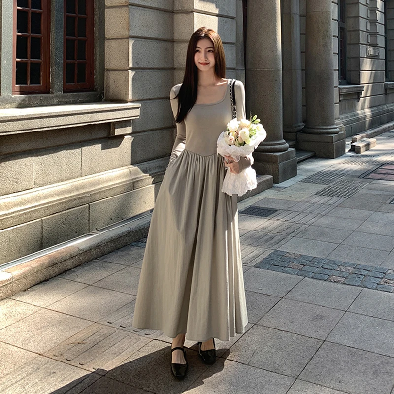 Square Collar Elegant Long Sleeve Women Midi Dress Autumn Folds Knitted Casual Female A Line Dress New Slim Ladies Vestidos