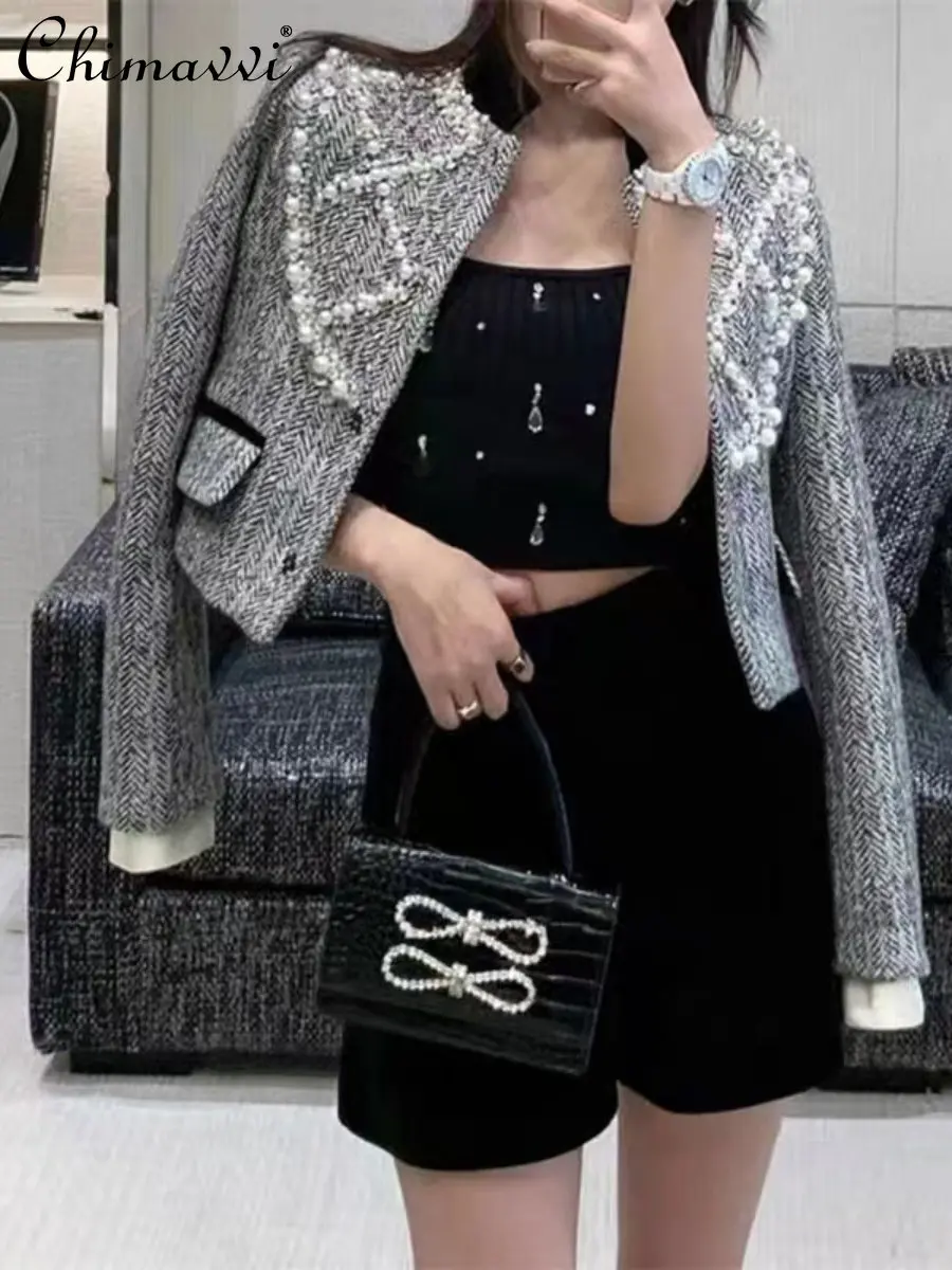 

High-End Retro Beaded Woolen Short Coat Women's Fashionable Socialite Elegant Pearl Tweed Diamond-Embedded Jacket All-Matching