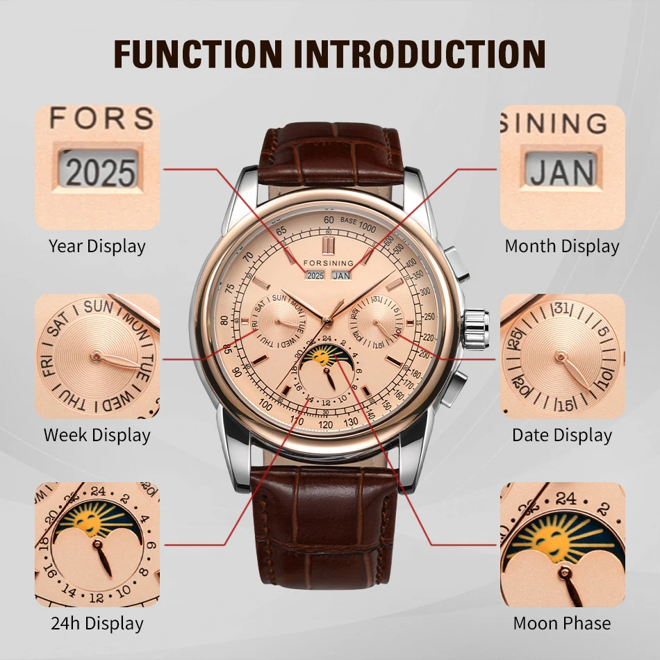 Forsining Retro Mechancial Uhren Mondphase Shanghai Uhrwerk Roségoldgehäuse Braunes Lederarmband Luxuriöse automatische Herrenuhr – Detail 3