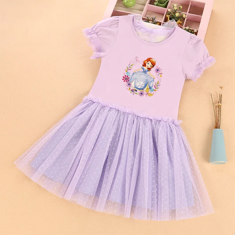 2024  Girls\' Dress Sofia Princess Dress Girls\' Dress Baby Summer Cartoon Pattern Lace Sleeve Dress Casual Cotton Children\'s Wear