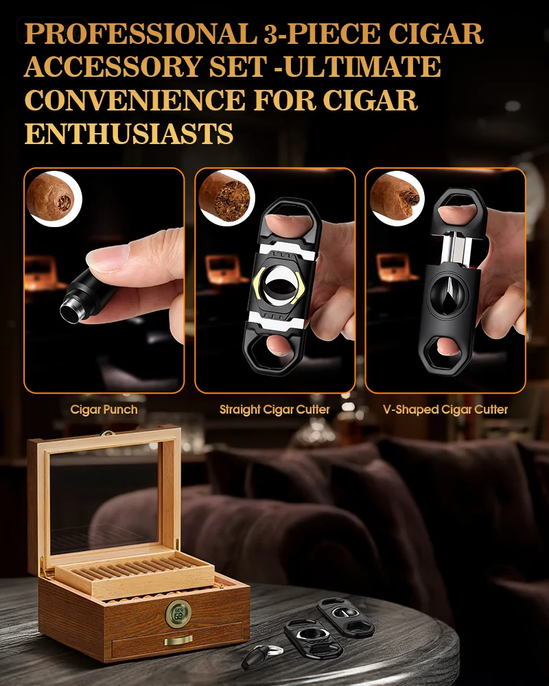 Cigar Humidor with Built-in Music Box System and Cedar Wood Tray-Transparent Top Desktop Humidor,Digital Hygrometer & Humidifier