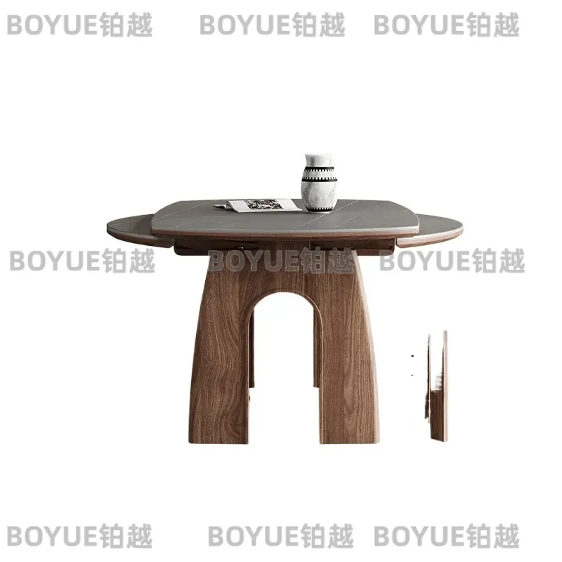 Medieval Style Folding Solid Wood Dining Table Set with Rock Slab Top American French Telescopic Round Table for Small