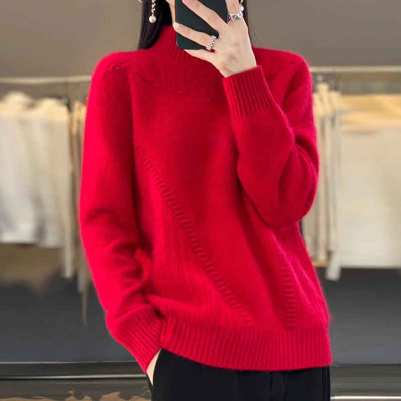 New women\'s semi-turtleneck pullover in autumn and winter 100% Merino wool knitted top thickened casual loose cashmere sweater