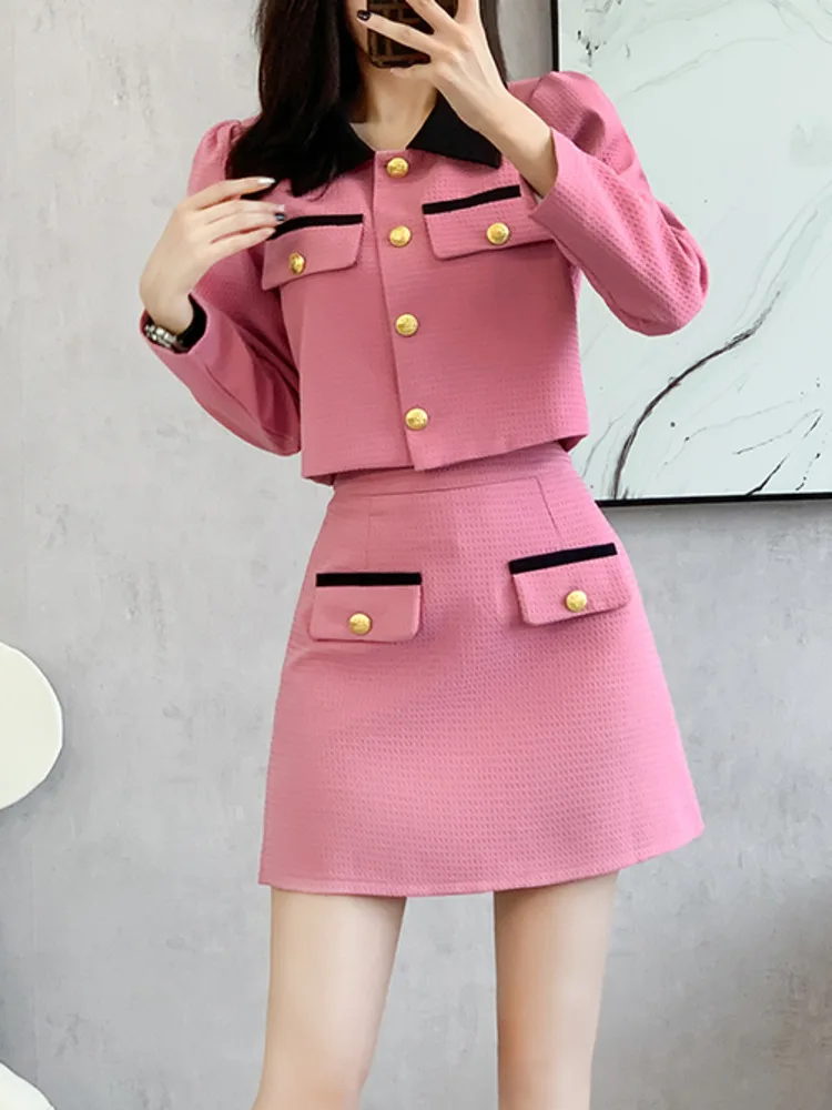 Spring Autumn Women Sweet Tweed Skirt Suits Turn-down Collar Long Sleeve Short Jacket And High Waist Mini Skirt Two Piece Set