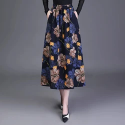 Large Size Retro Linen Long Skirt Women Summer High Waist A-line Skirts Korean Loose Flower Print Cotton Linen Dance Skirts 4XL