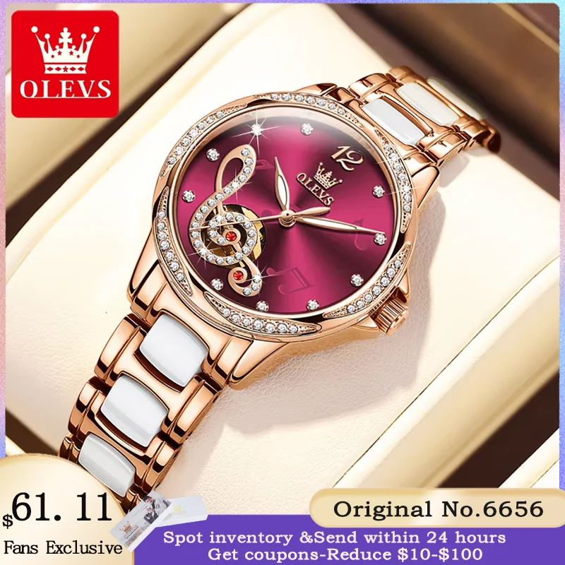 OLEVS 6656 Luxury Brand Women's Watch Elegant Diamond Ceramic Strap Fashion White Note Waterproof Automatic Mechanical Watch Set