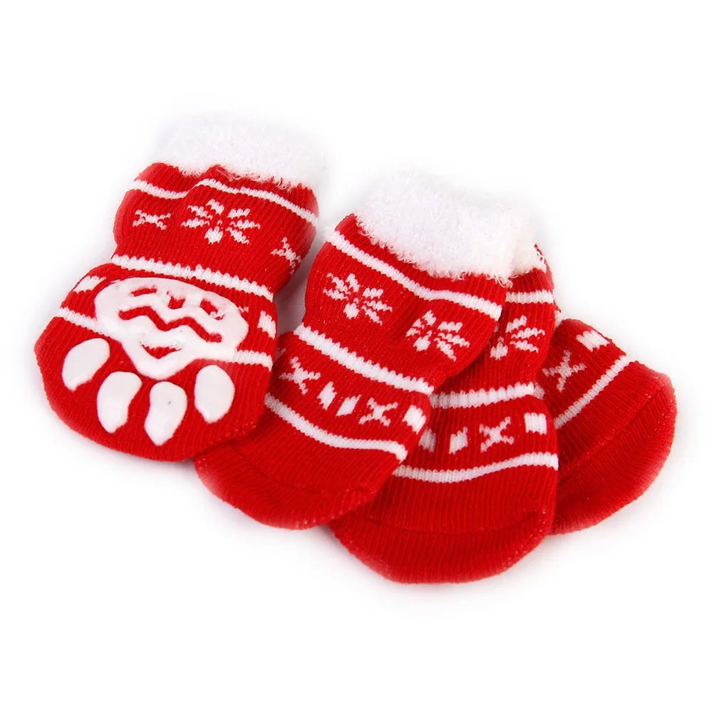 

4pcs Pet Cotton Socks Christmas Style Anti-Slip Dog Socks For Dogs Cats Rubber Claw Pattern L Red Paw Protector For Foot