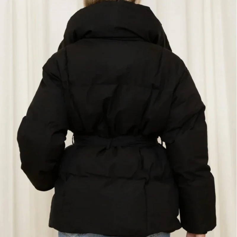 Women Solid Lace Up Cotton Coat Fashion Lapel Long Sleeve Warm Pocket Loose Short Coats New Lady Winter Commute Street Outwears