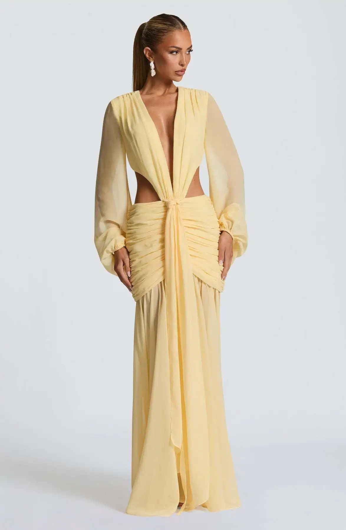 2025 Vestido de gasa para mujer con mangas transparentes, Vestido largo de manga larga calado de Color sólido a la moda sin espalda Sexy Vestido de mujer