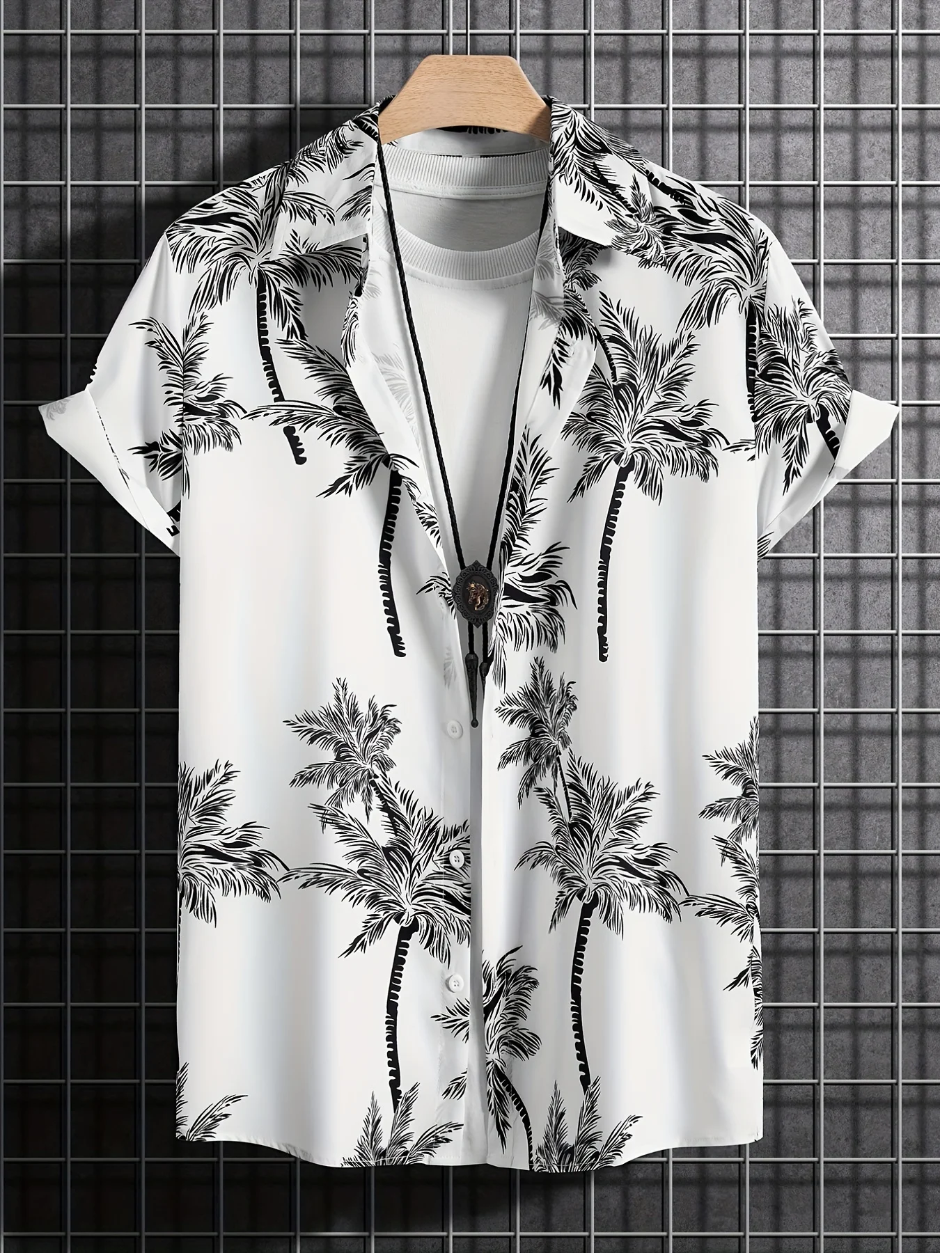 

Palm Tree Pattern Casual Short Sleeve Shirt, Men's Hawaiian Shirt For Summer Vacation Resort Print Button-Down Clothing Apparel