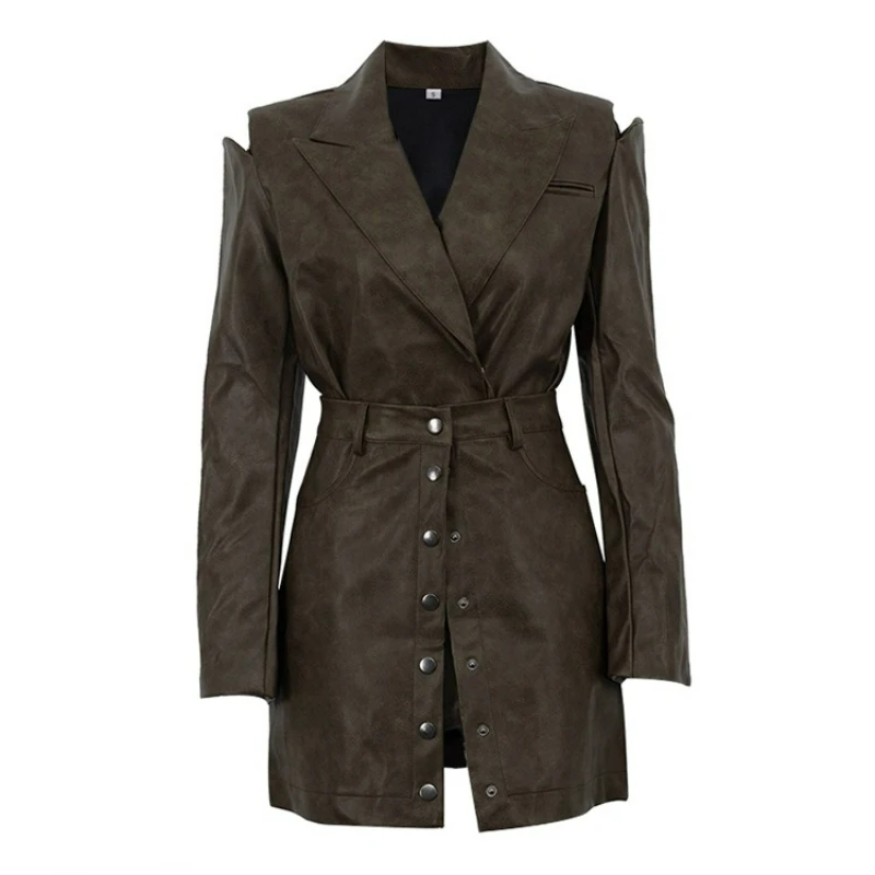 ชุดเซ็ตสองชิ้น เสื้อแขนยาวดีไซน์ใหม่แบบโปร่งลายฉลุ  คอลเลคชั่นฤดูใบไม้ร่วง 2026  สไตล์อเมริกันเรโทร  ชุดกระโปรงหนัง PU สำหรับผู้หญิง