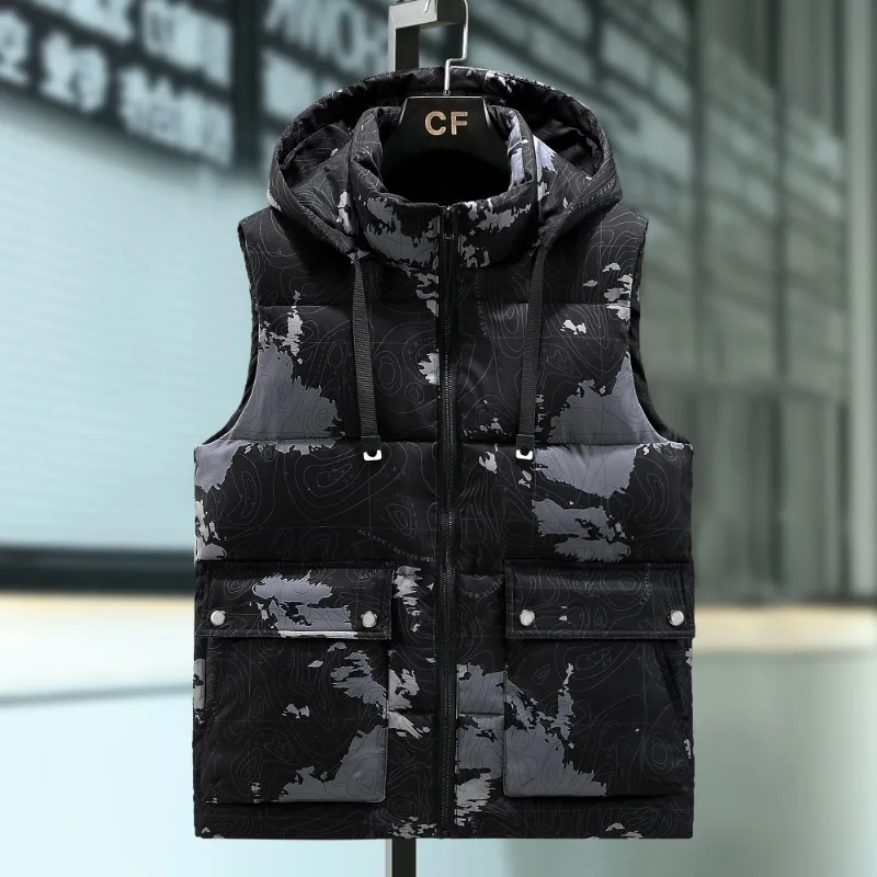 

Men's Printed Sleeveless Zipper Pocket Hooded Vest Cardigan Fashionable Casual Jacket Top