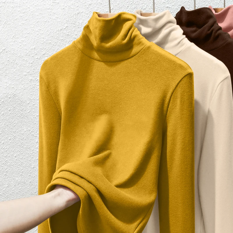 قميص نسائي حراري دافئ للتنقل اليومي، قميص أساسي سميك بأكمام طويلة وياقة عالية، نمط كاجوال للارتداء الداخلي في الخريف والشتاء