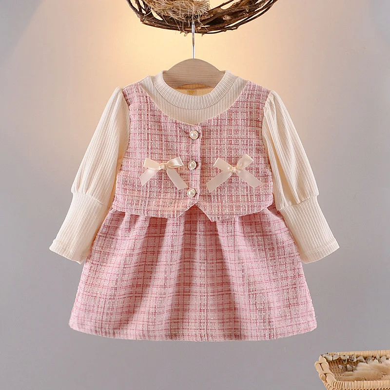 Spring Autumn New Baby Girl Fashion Dress Korean Version Long Sleeve Patchwork Fake Two-Piece Outfit Infant Toddler Sweet Dress