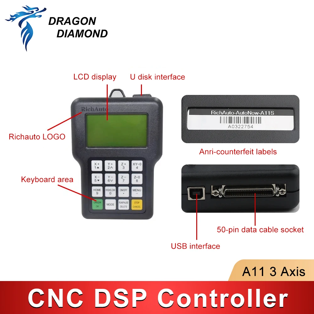 Originale RichAuto DSP A11E A11C A11S telecomando USB con movimento a 3 assi per sistema di controllo della maniglia del Router di CNC