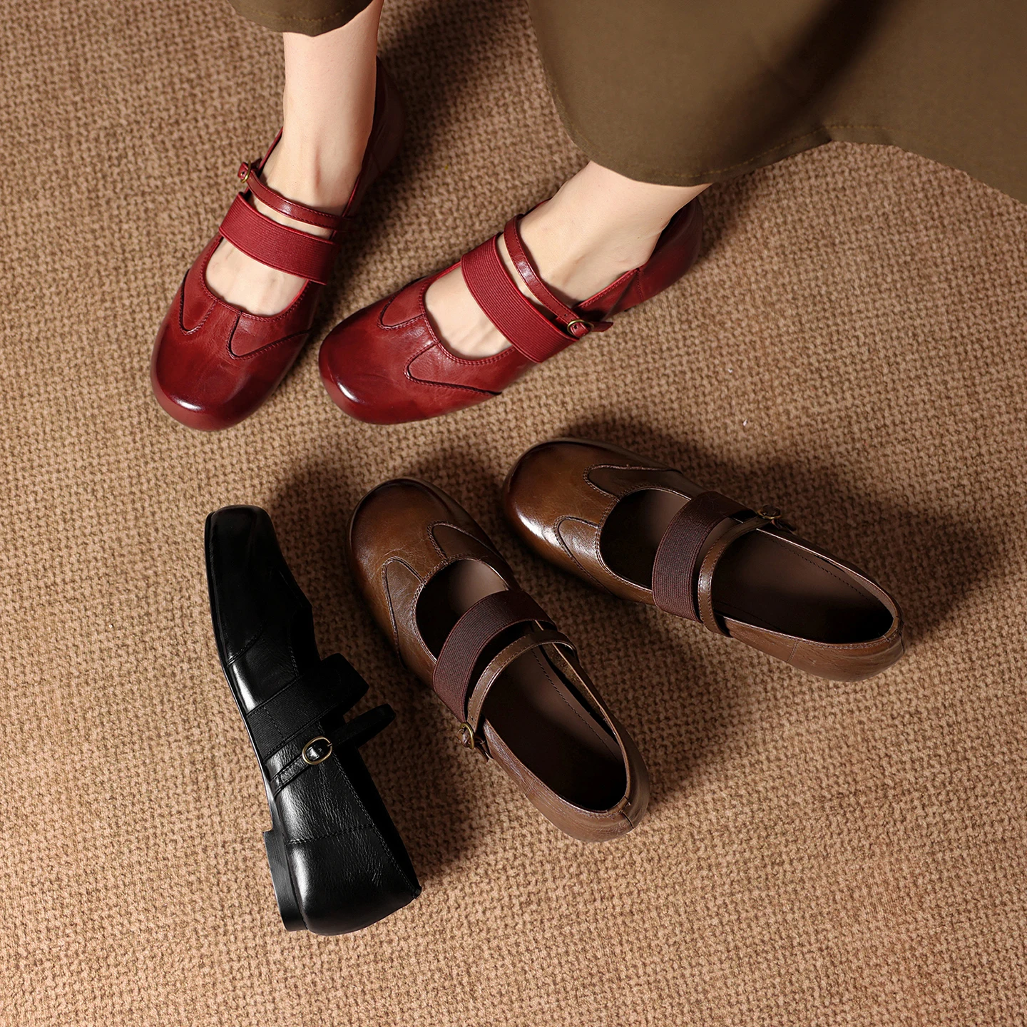 2026 new spring autumn women pumps natural leather 22-25 cm cowhide+sheepskin round toe  strap buckle mary janes women shoes