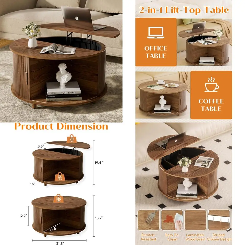 

Mid-Century Modern Lift-Top Coffee Table with 180° Sliding Door Storage and Circular Wood Flute
