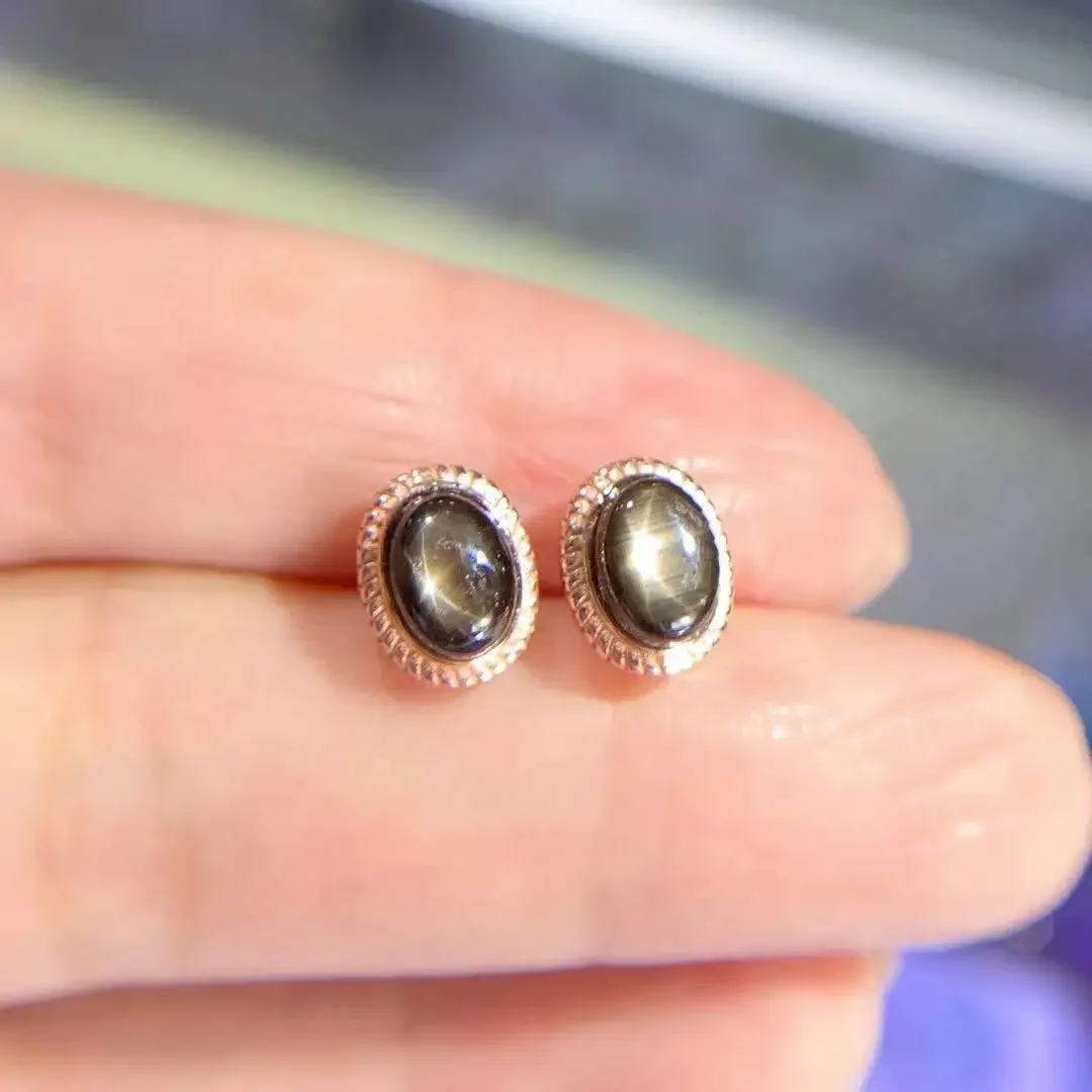 

Simple 925 Silver Star Light Sapphire Stud Earrings 5mm*7mm Natural Star Sapphire Earrings Sterling Silver Sapphire Jewelry