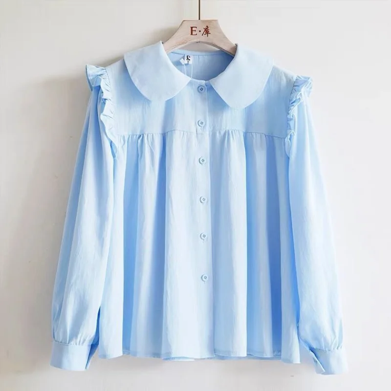 Sweet Pleated Loose White Blouse Spring Summer New Long Sleeve Solid Color All-match Shirt Tops Fashion Harajuku Women Clothing