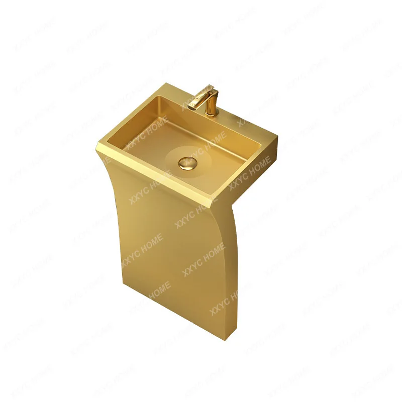 Golden Stainless Steel Lavabo Bathroom Integrated Floor Type Pedestal Basin Hotel Column Type Washbasin