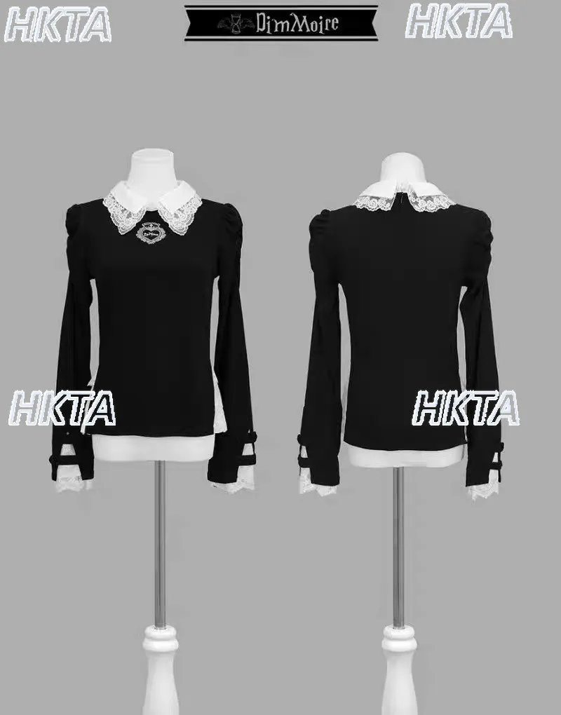 Japanese Dark Lolita Mass Production Embroidered Mesh Stitching T Shirt Basic Top Subculture Lapel Black Bottoming Shirt Women