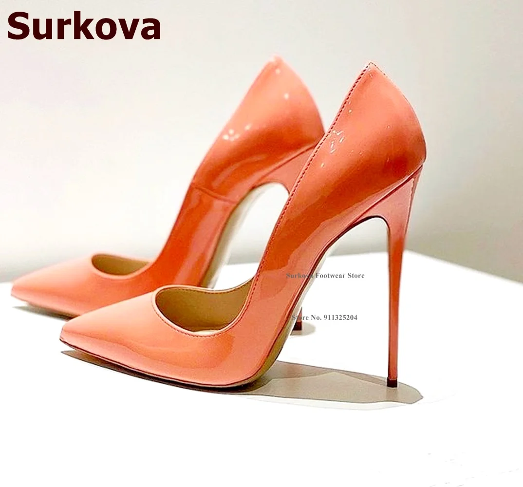 

Surkova Light Orange Patent Leather High Heel Shoes 12CM 10CM 8CM Pointed Toe Slip-on Wedding Pumps Shallow Cut Heels Size45