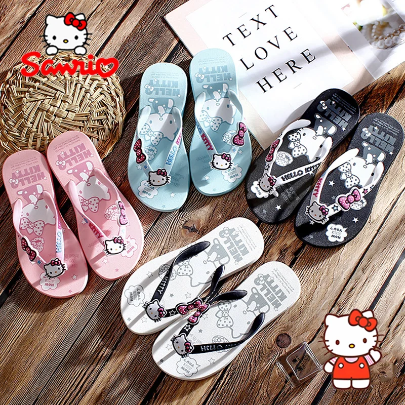 Sanrio Hello Kitty Flip Flops Y2k Cartoon Women Summer Beach Slippers Outdoor Non Slip Soft Bottom Foot Clip Cool Slippers Gifts