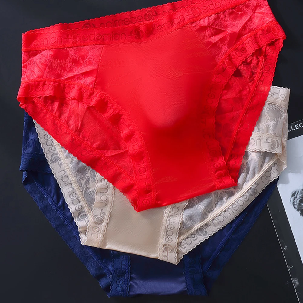 Men Sexy Lace Thin Very Hot Lingerie Seamless Mesh Sheer Ice Silk Briefs 3D Femboy Bulge Pouch Underwear For Man Unisex Panties