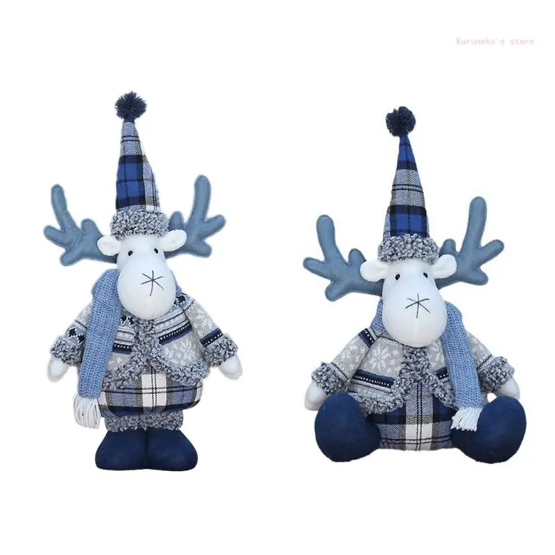 

Christmas Blue Series Fabric Cloth Dolls Decoration for Tree Ornaments Santa Deer Figurine Xmas Window Ornament