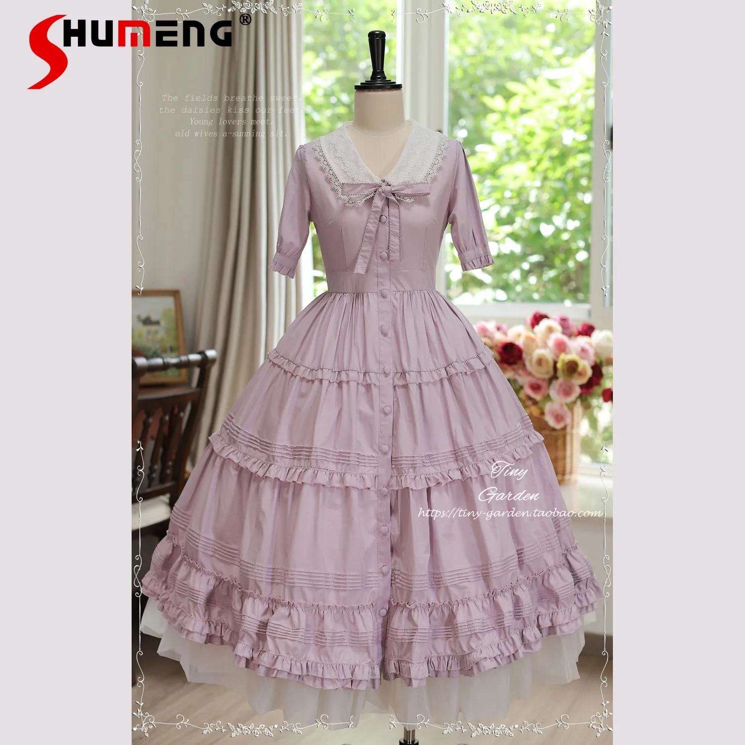 

Элегантное однобортное однобортное ретро-универсальное длинное платье в стиле Лолиты во французском стиле с кружевным кукольным воротником и бантом во французском стиле для женщин