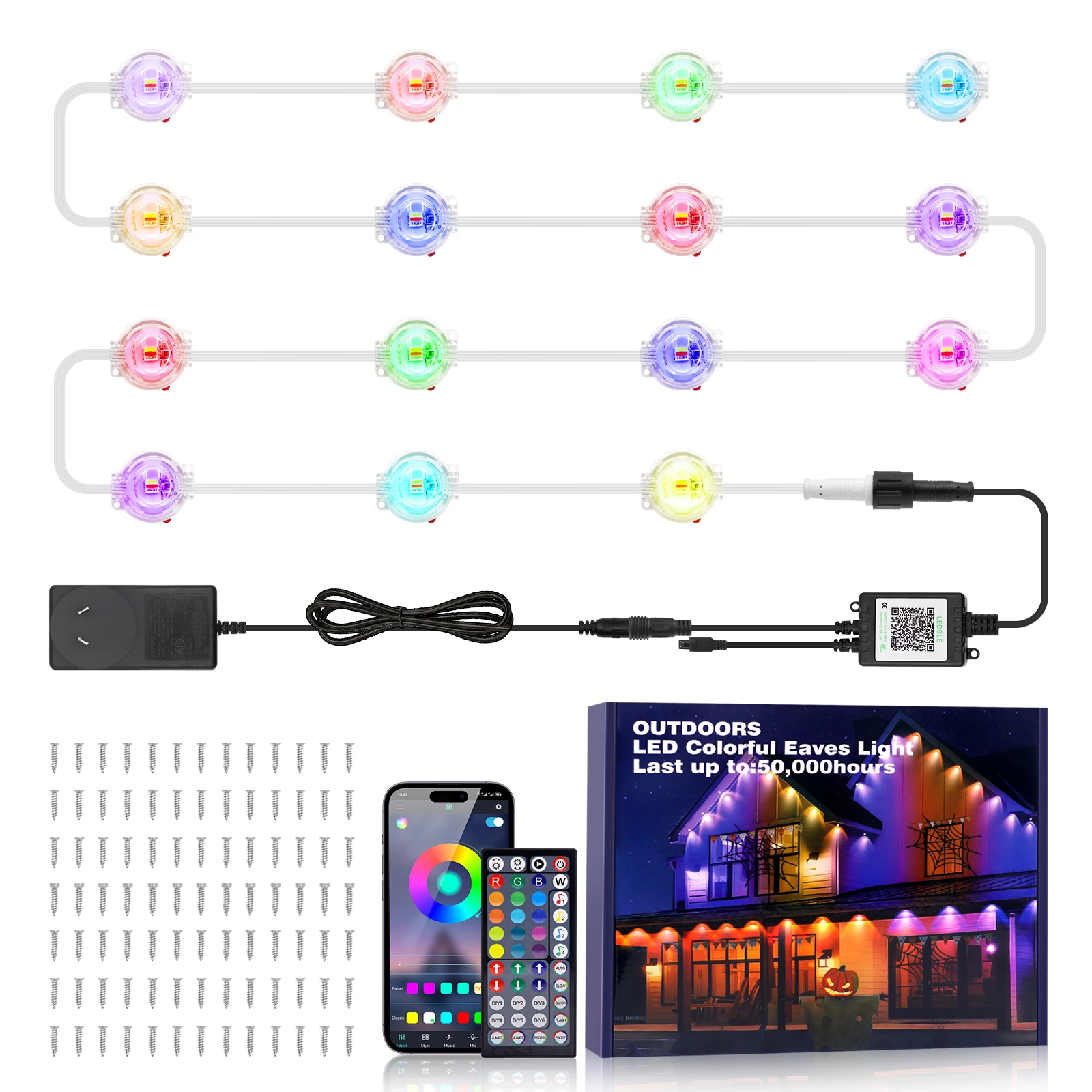 Eave Light Outdoor LED Light Strip Bluetooth APP 30M 60Leds RGBCCT Light String Waterproof DIY Whole House Party Christmas Light