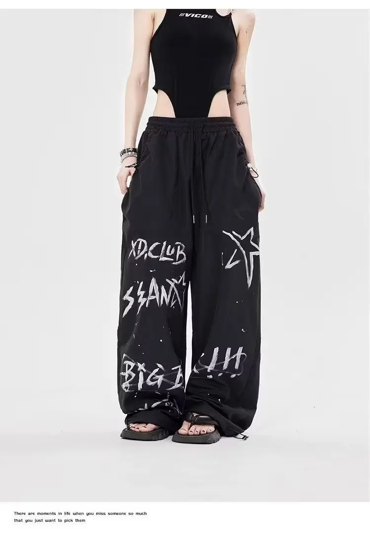 2024 Ladies Casual Casual dance pants, wide-leg jeans, street fashion label, Graffiti, hip hop, Korean couple sweatpants